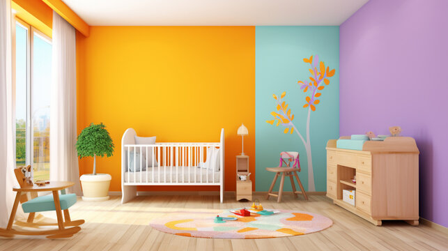 Colorful interior of nursery. Frontal view Pictures in frames. generative ai