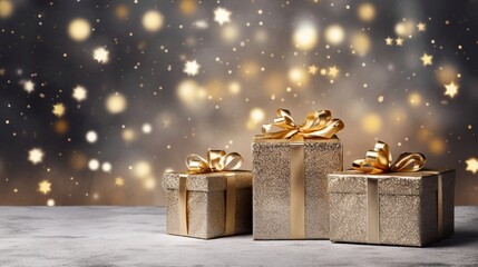 a composition with golden gift boxes placed on a shimmering silver background.
