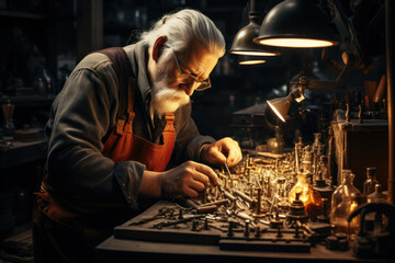A jeweler crafting a unique piece of jewelry at a workbench, portraying the Concept of artisanal jewelry trade and craftsmanship. Generative Ai.