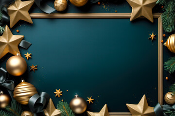 Christmas gold ornaments and stars flat lay on dark background with frame, winter holiday seasonal decor, copyspace