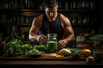 A fitness enthusiast blending a green smoothie with spinach, kale, and other nutrient-rich ingredients. Concept of post-workout nutrition. Generative Ai.