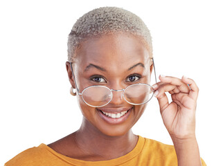 Happy, portrait and black woman with glasses isolated on transparent png background for stylish,...