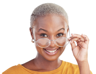 Happy, portrait and black woman with glasses isolated on transparent png background for stylish, trendy and fashion. Cool, smile and face of girl for optometry with eyewear focus, vision and eye care