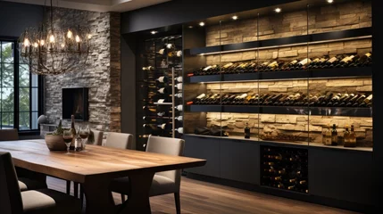 Gordijnen Elegant custom wine cellar with racks. Wine storage idea © Lazylizard