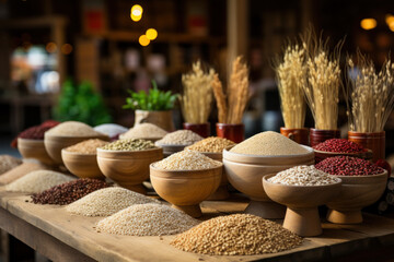 A farmer's market stall with a variety of whole grains, including quinoa and brown rice. Concept of...