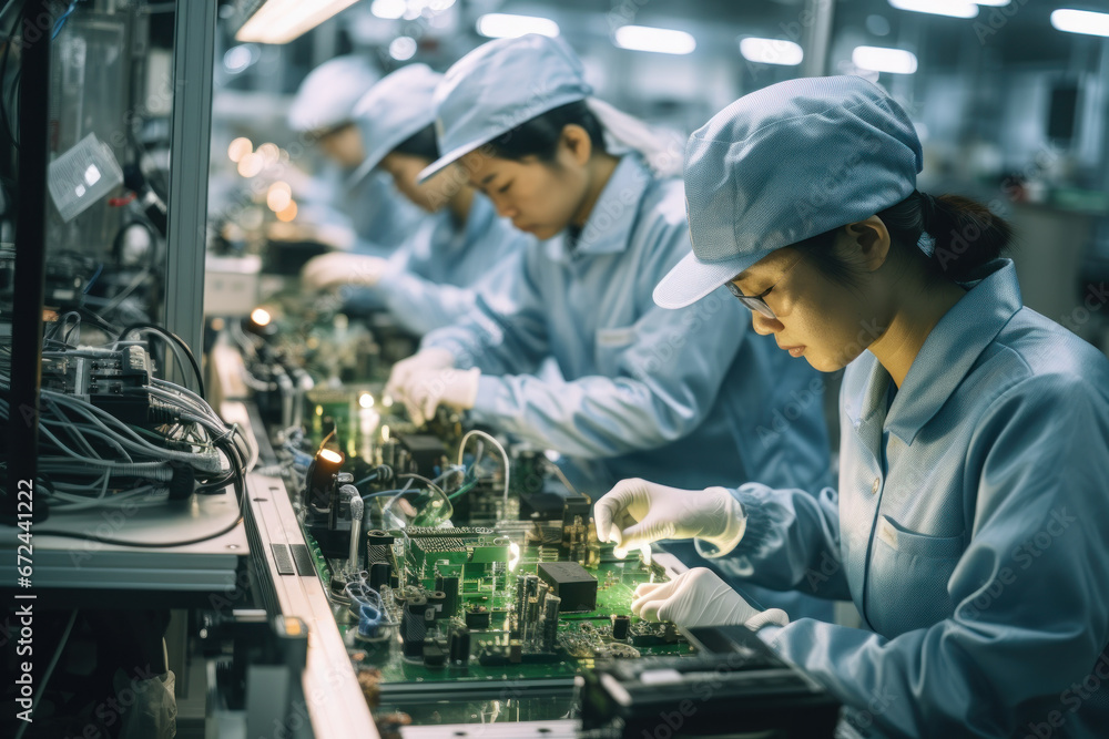 Poster workers assembling electronic components in a high-tech factory, highlighting the complexity of glob