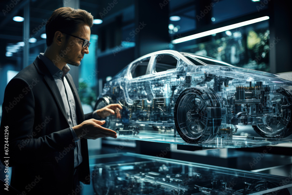 Poster a group of engineers discussing the design and manufacturing of a new automobile, emphasizing the gl