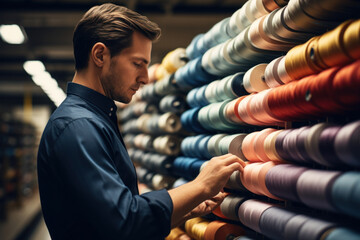 A worker in a textile factory inspecting rolls of fabric, representing the textile and garment industry's value chains. Generative Ai.