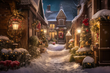 Christmas decorations and lanterns lining snow covered path, winter seasonal decor - obrazy, fototapety, plakaty