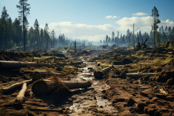 A deforested landscape with tree stumps and cleared land, illustrating the environmental damage...