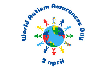 World Autism Awareness Day vector banner. Globe and people around, little men, silhouettes of people