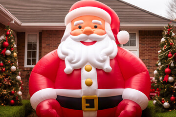 Christmas inflatable Santa Claus front yard decor, trees and lights, exterior home decorations, winter holiday season