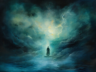 Concept art of a mage in the middle of the ocean