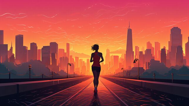 A woman running in a city at sunset flat design vector style illustration