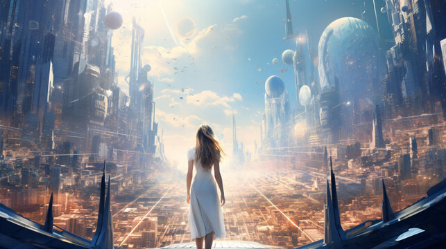 A woman wearing a white dress standing in front of a futuristic city
