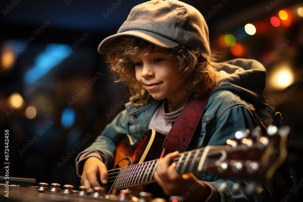 Poster a child playing with a musical instrument, expressing the importance of creativity and self-expressi