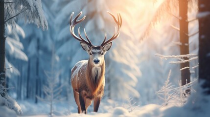 Deer in the forest on a snowy winter background
