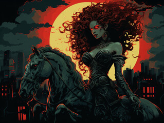An evil woman with red eyes character riding a back horse in the night