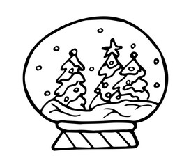 Doodle snow ball with pines and Christmas decoration. Simple line drawing of snow globe.Trendy doodle vector illustration. Premade logo or icon. Isolated on white background.