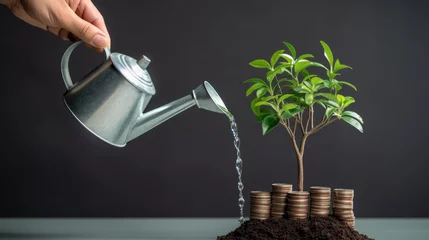 Fotobehang Man hand watering money tree with coins on ground, financial and money increase concept on isolated background © GulArt