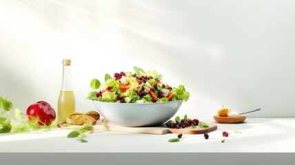 an autumn salad composed of cabbage, fennel, pumpkin seeds, and cranberries, the salad in a modern minimalist style on a pristine white background, ensuring ample empty space for text