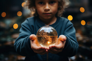 Naklejka premium A close-up of a child's hands holding a globe, symbolizing global awareness and interconnectedness. Generative Ai.
