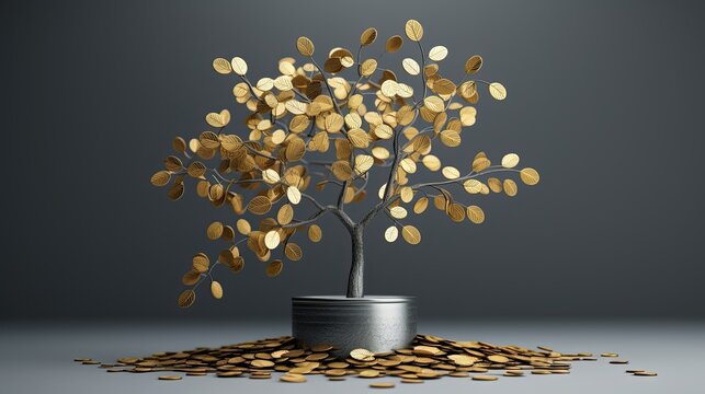 Money Tree With Golden Leaves On A Isolated Pastel Grey Background