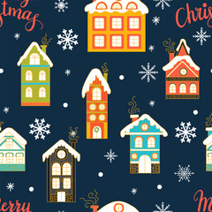 Seamless pattern with Christmas snowy houses in flat style vector