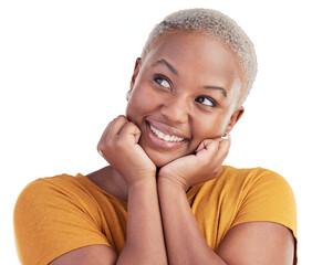 Fototapeta na wymiar Thinking, smile and young black woman with memory, reflection and good idea facial expression. Happy, brainstorming and African female model with decision face isolated by transparent png background.