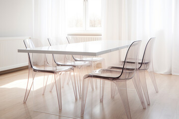 Glossy acrylic chairs surround a modern dining table in crisp whites and neutrals. - obrazy, fototapety, plakaty