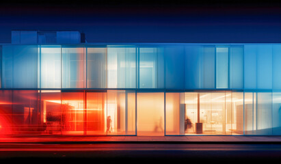 A building in bright colors lit up at night.