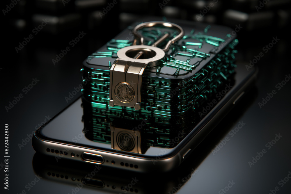 Poster a padlock icon over a smartphone, signifying the need for mobile device security. generative ai.