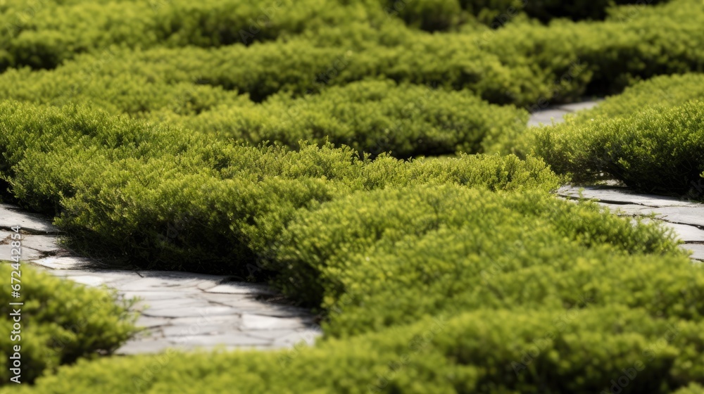 Poster a bunch of bushes that are next to each other in a field of rocks and stones with a bench in the mid