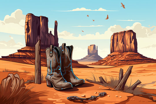 A pair of cowboy boots sitting in the desert