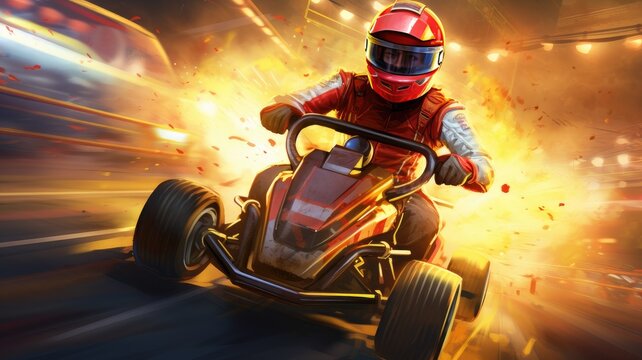 a skilled racer donned in a safety uniform, competing in a high-stakes tournament, conveying the thrill of the race.