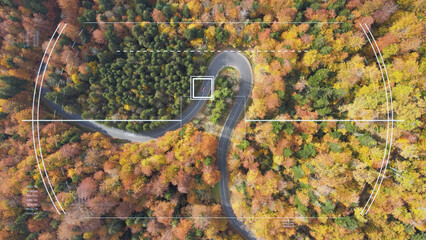 Smart car for intelligent self driving on winding road through the autumn forest. Futuristic HUD...