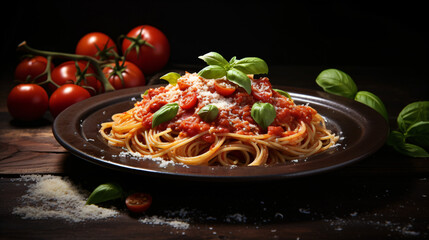 A plate of spaghetti with tomato sauce and basil
