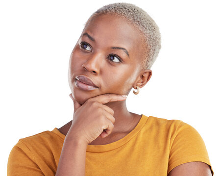 Thinking, planning and black woman with ideas, opportunity and choice facial gesture. Brainstorming, ideas and young African female model with question face isolated by transparent png background.