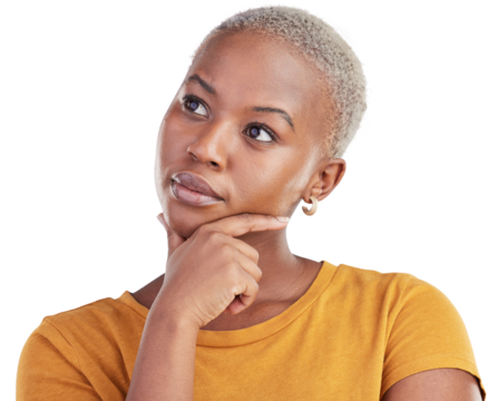 Thinking, planning and black woman with ideas, opportunity and choice facial gesture. Brainstorming, ideas and young African female model with question face isolated by transparent png background.