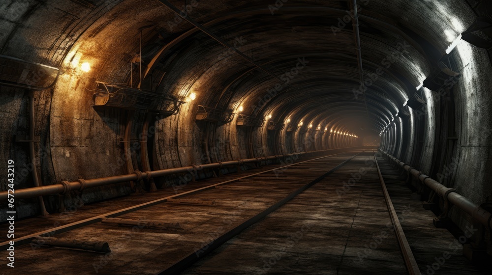 Poster a dimly lit tunnel with a train track running through the center of the tunnel and lights on either 