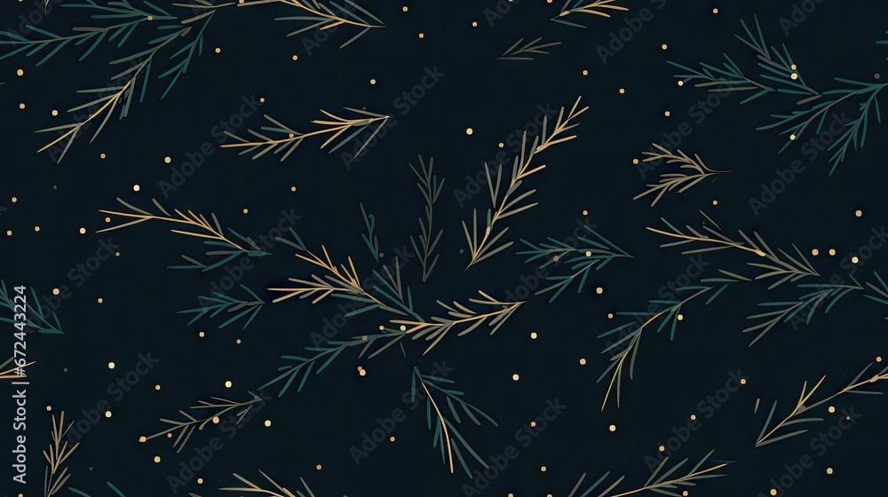 Poster a close up of a black background with a pattern of gold and green leaves and dots on a black backgro