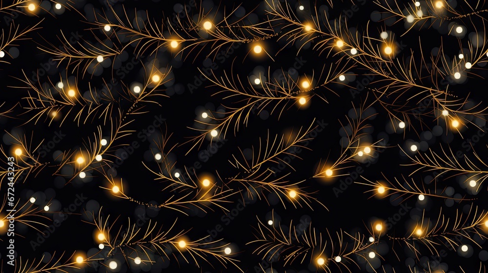Poster a close up of a pine tree with a lot of lights on it's branches and a black background. generative a