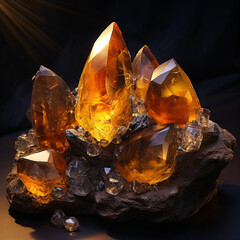 A cluster of yellow amber crystals on a black background