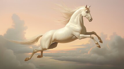 Obraz na płótnie Canvas a painting of a white horse jumping in the air with a pink sky in the background and clouds in the foreground. generative ai