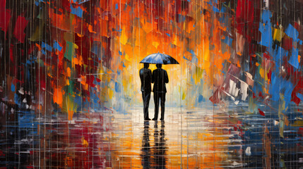 A colorful impressionist painting of two people holding an umbrella