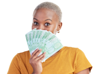 Portrait of black woman, euros in face and isolated on transparent png background with prize, loan and cash. Money fan, giving cashback and girl with lottery win, budget payment and financial freedom