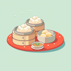 2D cartoon-style flat illustration of Chinese food dishes with most cooking methods using steam.