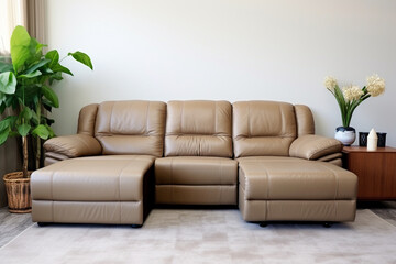 Leather sectional reclining sofa in family room in earthy green and brown tones