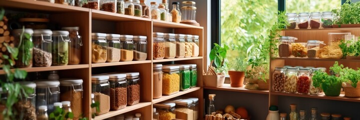 kitchen pantry storage room for home supplies organized with food containers and glass jars on...