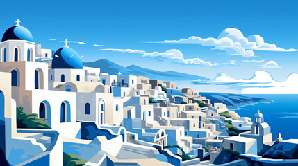 Fototapeta premium A painting of a blue and white town by the ocean